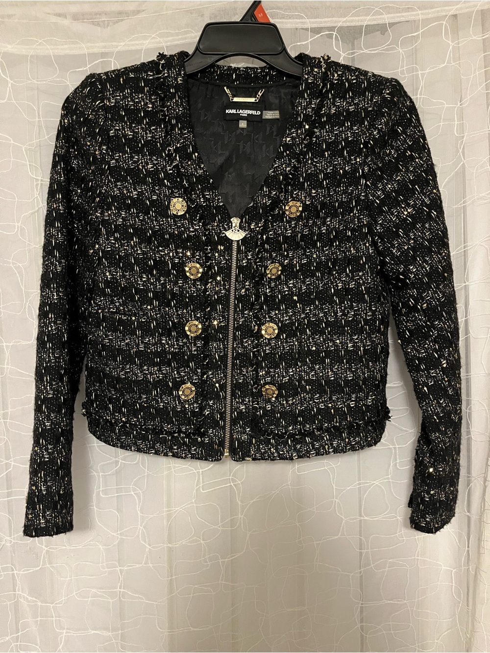 Karl Lagerfeld Black Tweed Bouclé Double-Button Zip Jacket